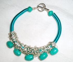 Turquoise Gemstone and Turquoise Wire Coil Bracelet Handmade Jewelry gift ideas
