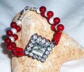 Coral and Pearl Bracelet Watch Handmade Jewelry gift idea