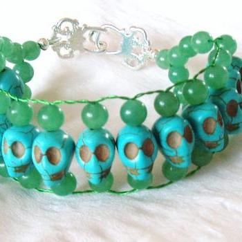 Aventurine Turquoise Skull Bracelet Handmade Jewelry gift ideas